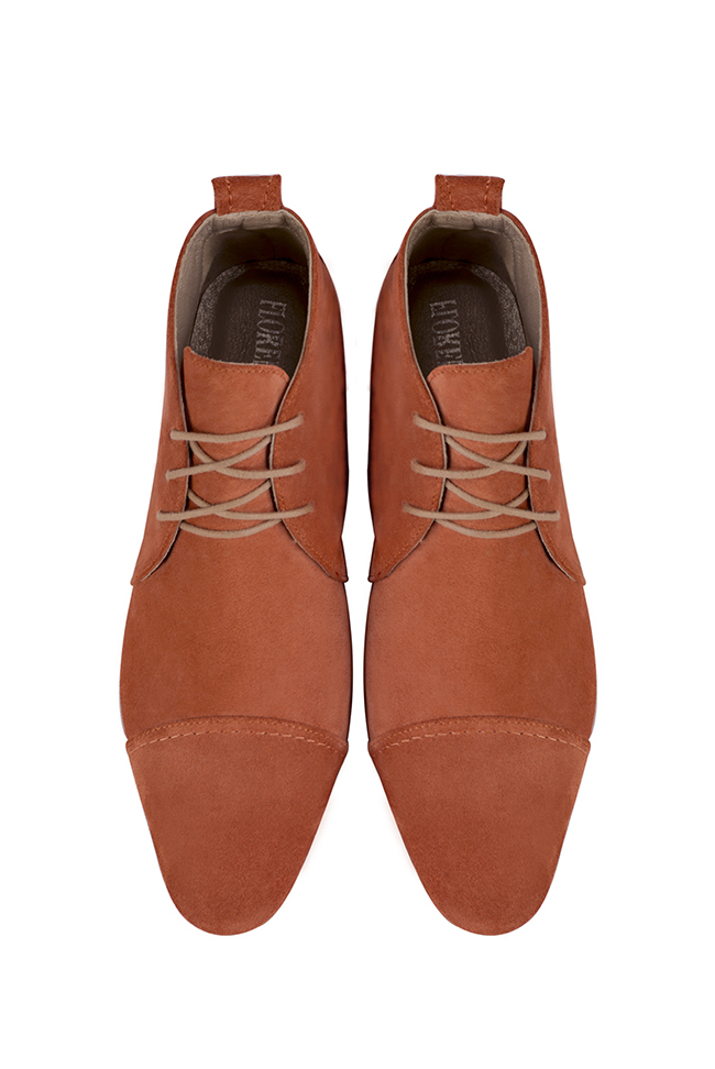 Terracotta orange women's ankle boots with laces at the front. Round toe. Low flare heels. Top view - Florence KOOIJMAN